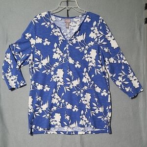CHICO'S Women's‎ Blue and White Floral Long Sleeve Top - Size Large (12)